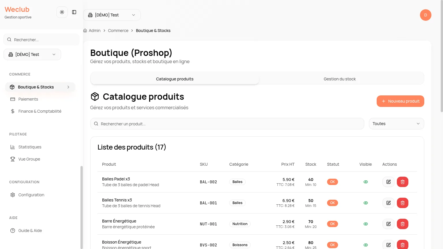 Catalogue boutique Weclimb avec gestion de stock